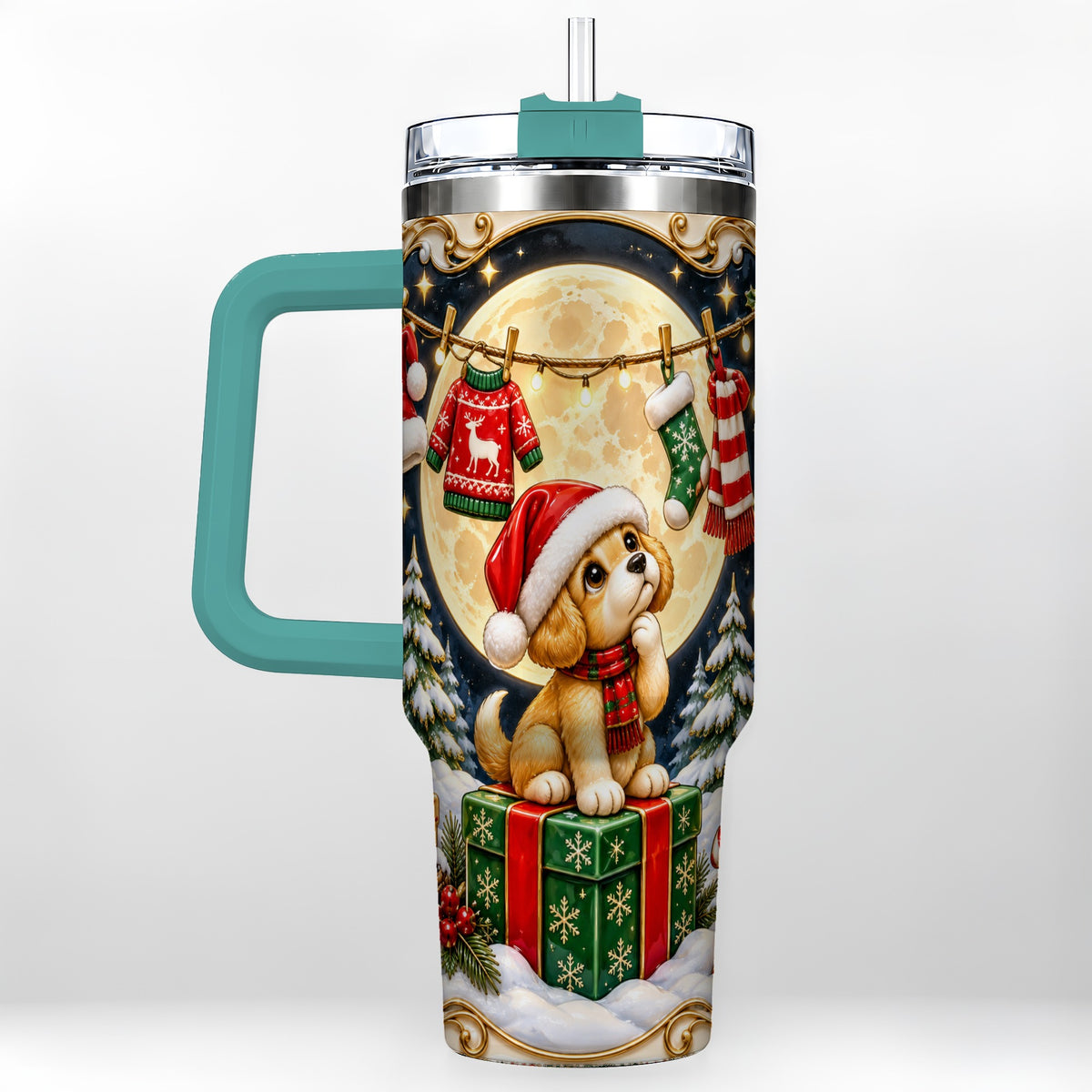 #pl[40oz|Green] Christmas Puppy 40oz Tumbler with Handle, Santa Dog Travel Cup