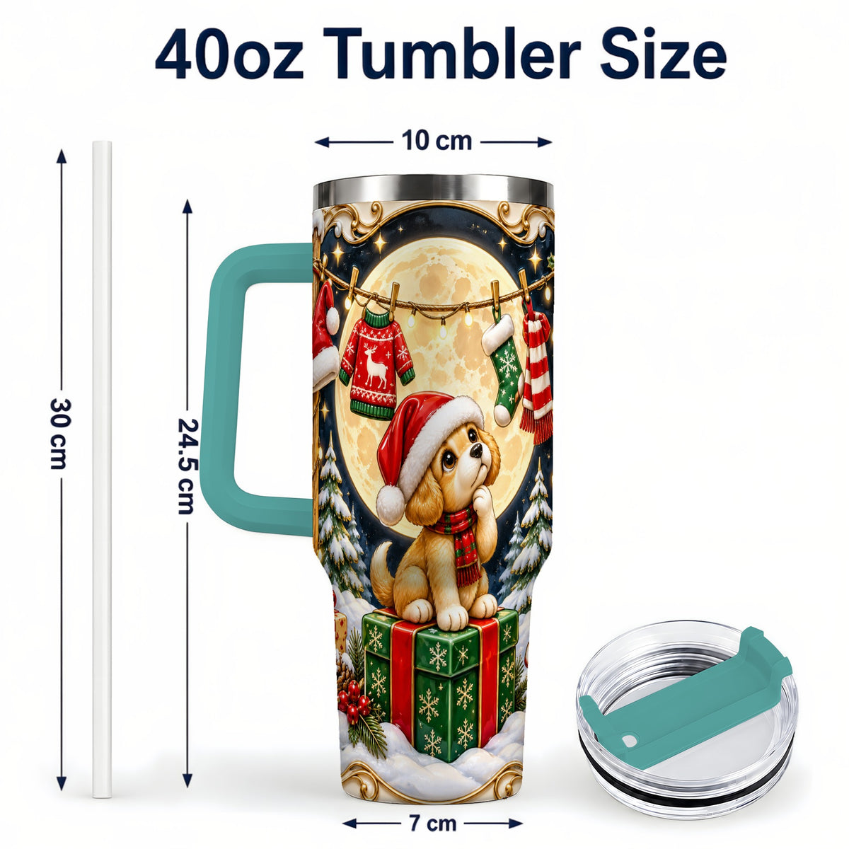 #pl[40oz|Green] Christmas Puppy 40oz Tumbler with Handle, Santa Dog Travel Cup