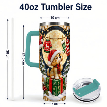 #pl[40oz|Green] Christmas Puppy 40oz Tumbler with Handle, Santa Dog Travel Cup
