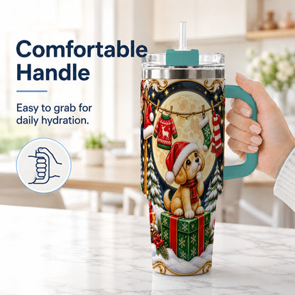 #pl[40oz|Green] Christmas Puppy 40oz Tumbler with Handle, Santa Dog Travel Cup