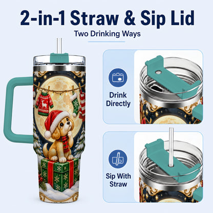 #pl[40oz|Green] Christmas Puppy 40oz Tumbler with Handle, Santa Dog Travel Cup