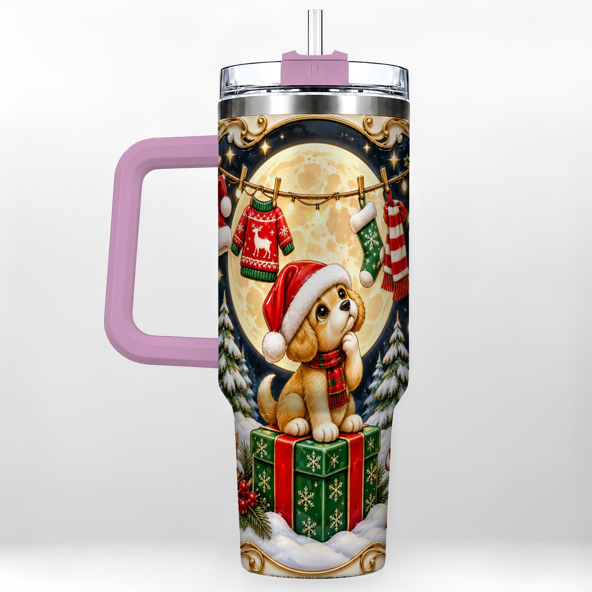 #pl[40oz|Pink] Christmas Puppy 40oz Tumbler with Handle, Santa Dog Travel Cup
