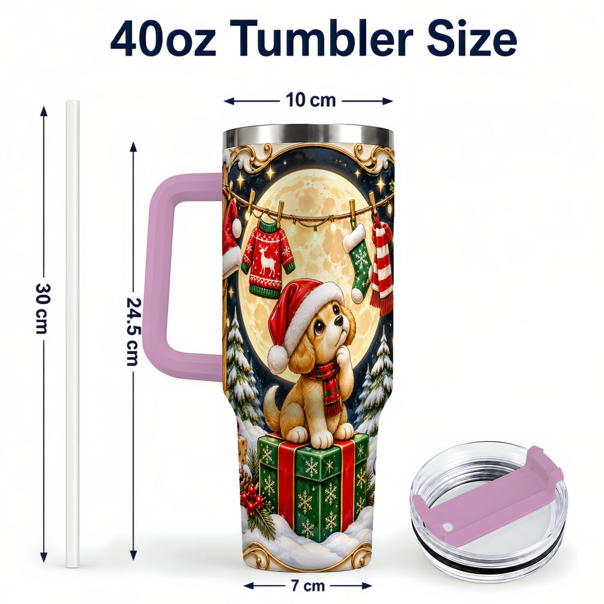 #pl[40oz|Pink] Christmas Puppy 40oz Tumbler with Handle, Santa Dog Travel Cup