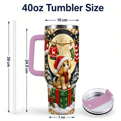 #pl[40oz|Pink] Christmas Puppy 40oz Tumbler with Handle, Santa Dog Travel Cup