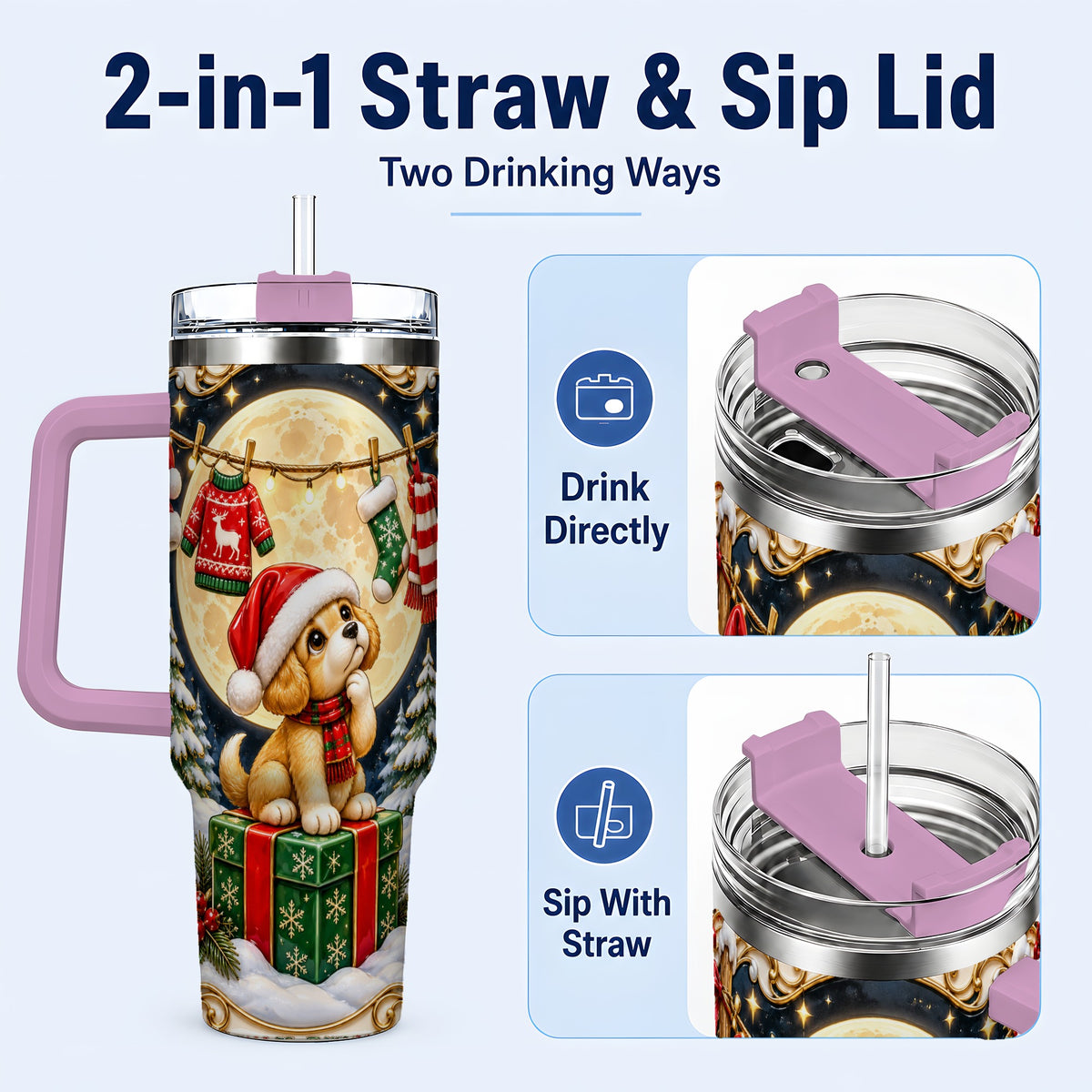 #pl[40oz|Pink] Christmas Puppy 40oz Tumbler with Handle, Santa Dog Travel Cup