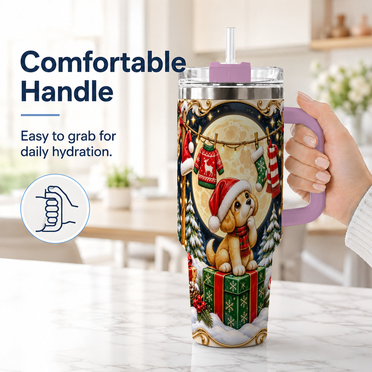 #pl[40oz|Pink] Christmas Puppy 40oz Tumbler with Handle, Santa Dog Travel Cup