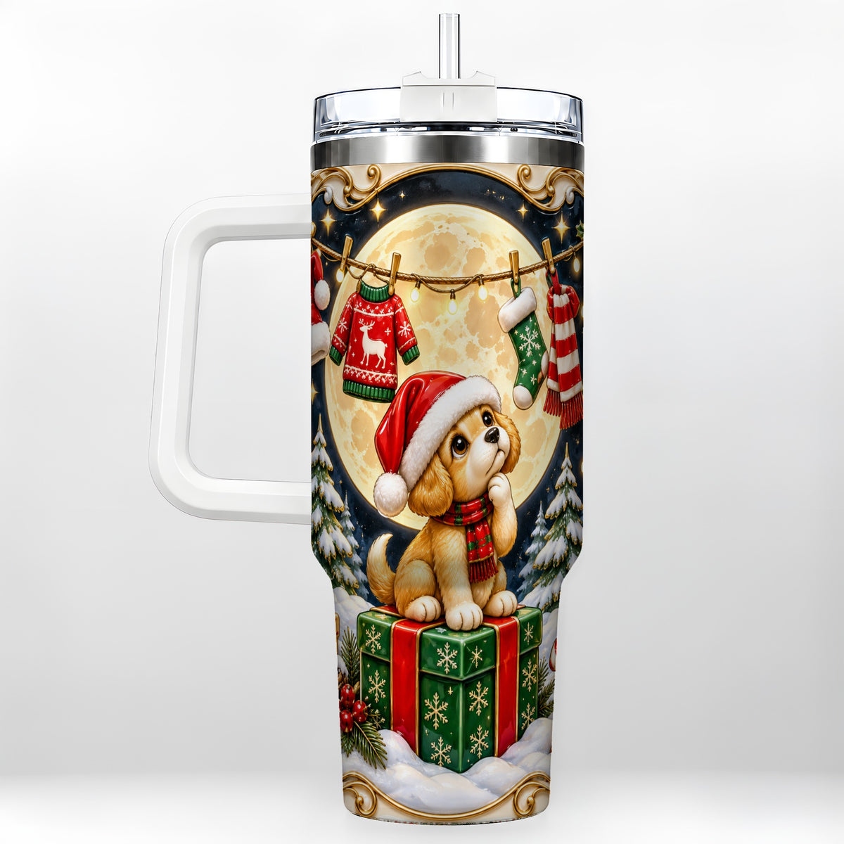 Christmas Puppy 40oz Tumbler with Handle, Santa Dog Travel Cup