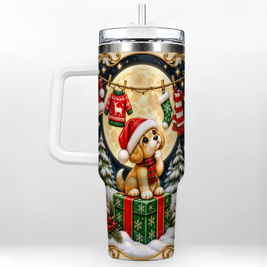 Christmas Puppy 40oz Tumbler with Handle, Santa Dog Travel Cup