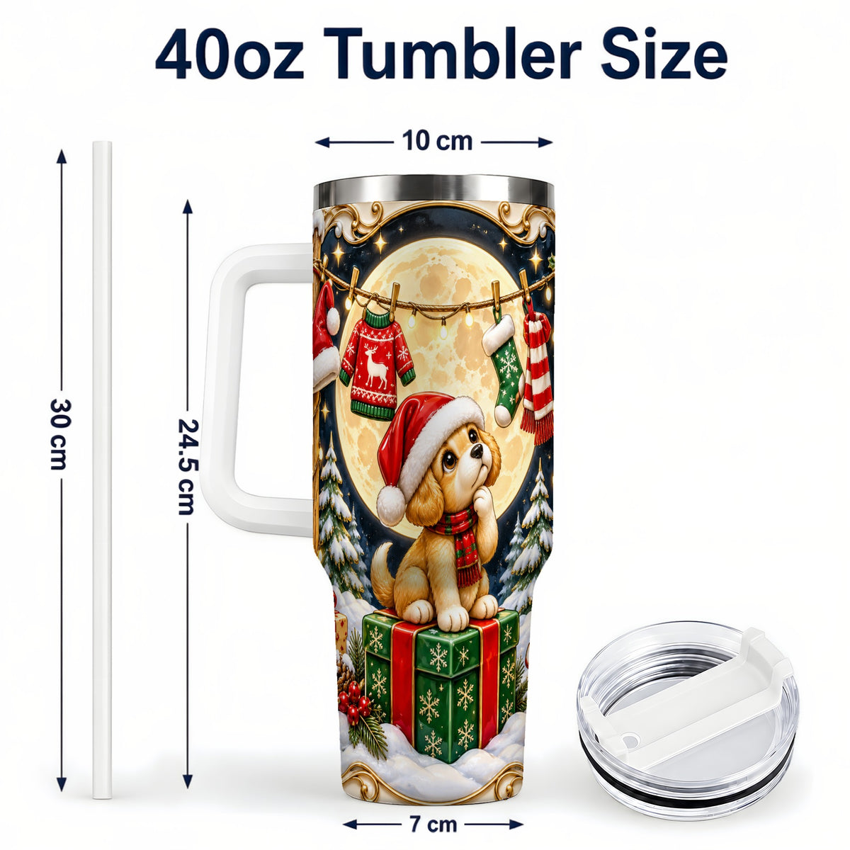 #pl[40oz|White] Christmas Puppy 40oz Tumbler with Handle, Santa Dog Travel Cup