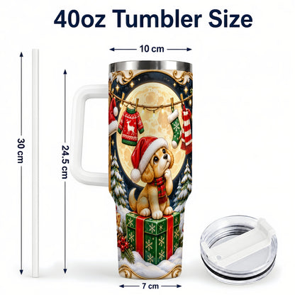 #pl[40oz|White] Christmas Puppy 40oz Tumbler with Handle, Santa Dog Travel Cup