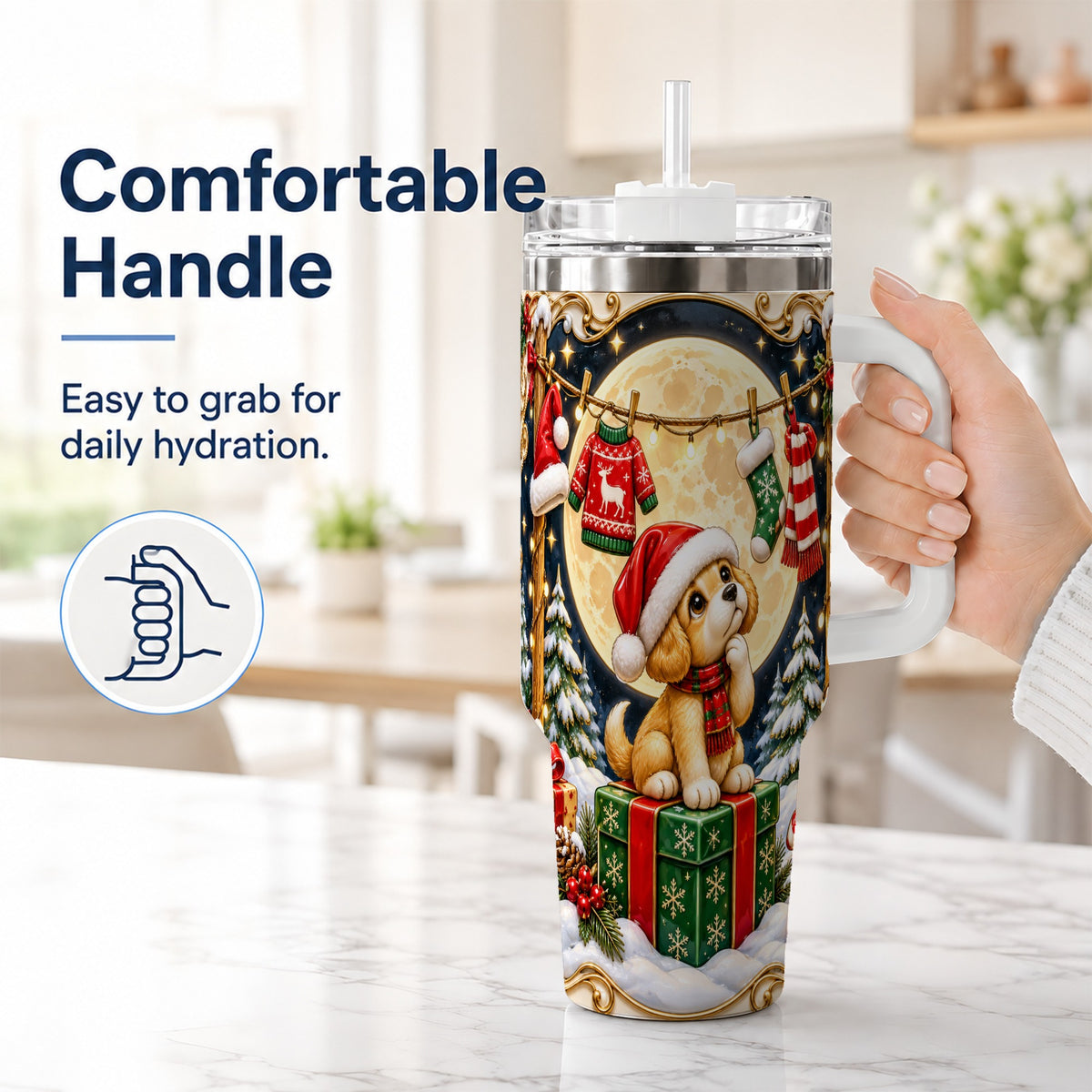 #pl[40oz|White] Christmas Puppy 40oz Tumbler with Handle, Santa Dog Travel Cup