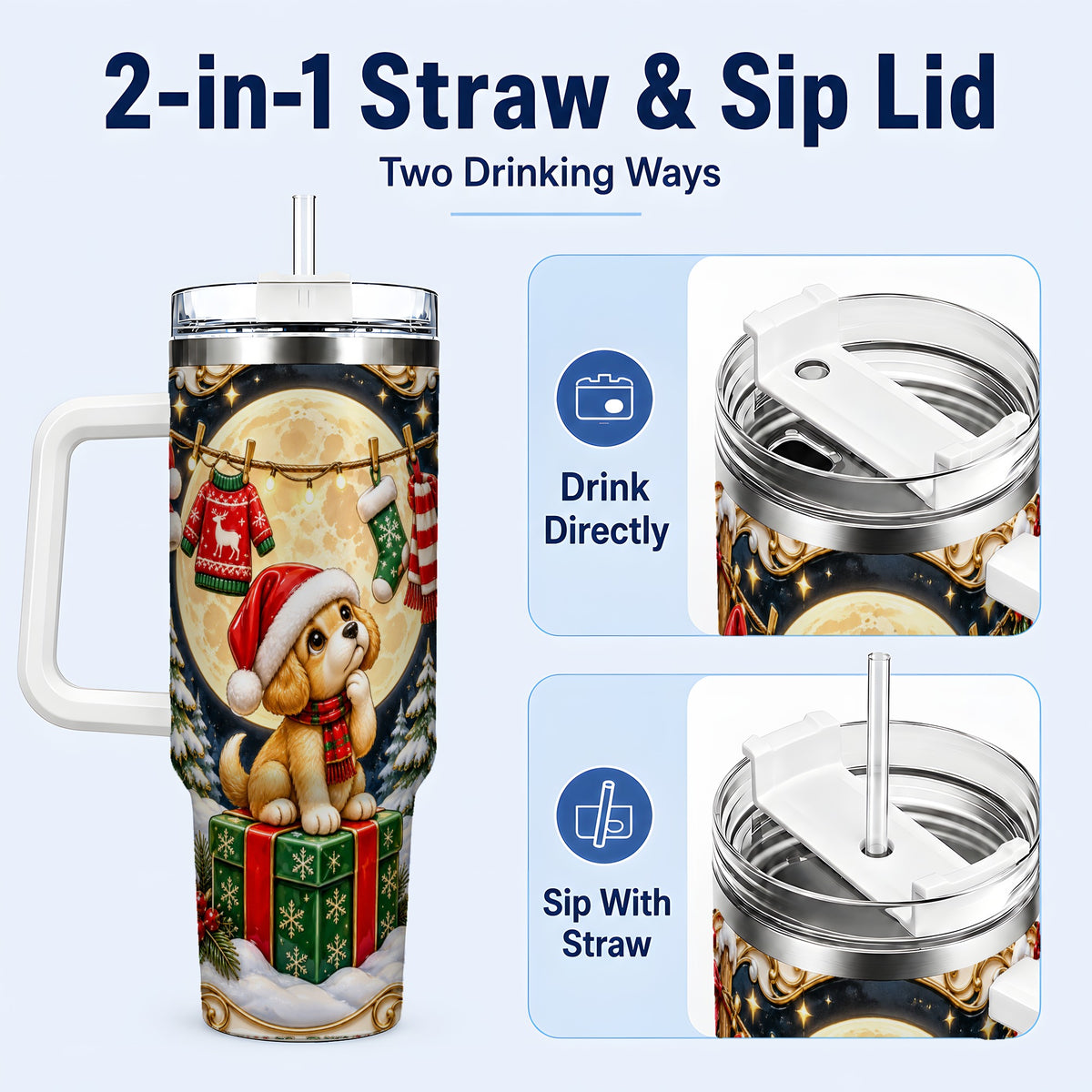 #pl[40oz|White] Christmas Puppy 40oz Tumbler with Handle, Santa Dog Travel Cup