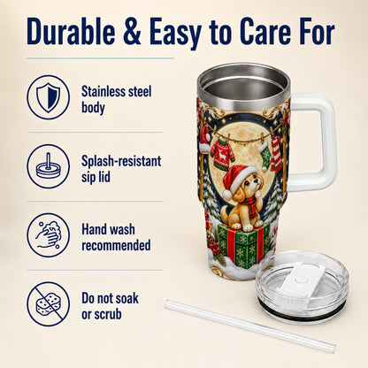 Christmas Puppy 40oz Tumbler with Handle, Santa Dog Travel Cup