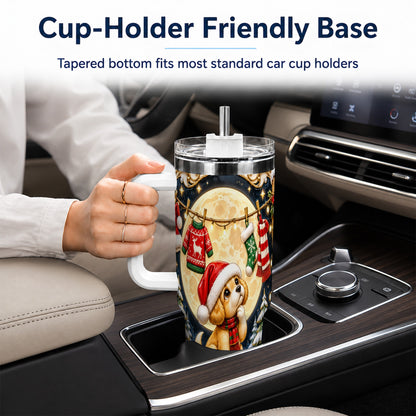 Christmas Puppy 40oz Tumbler with Handle, Santa Dog Travel Cup