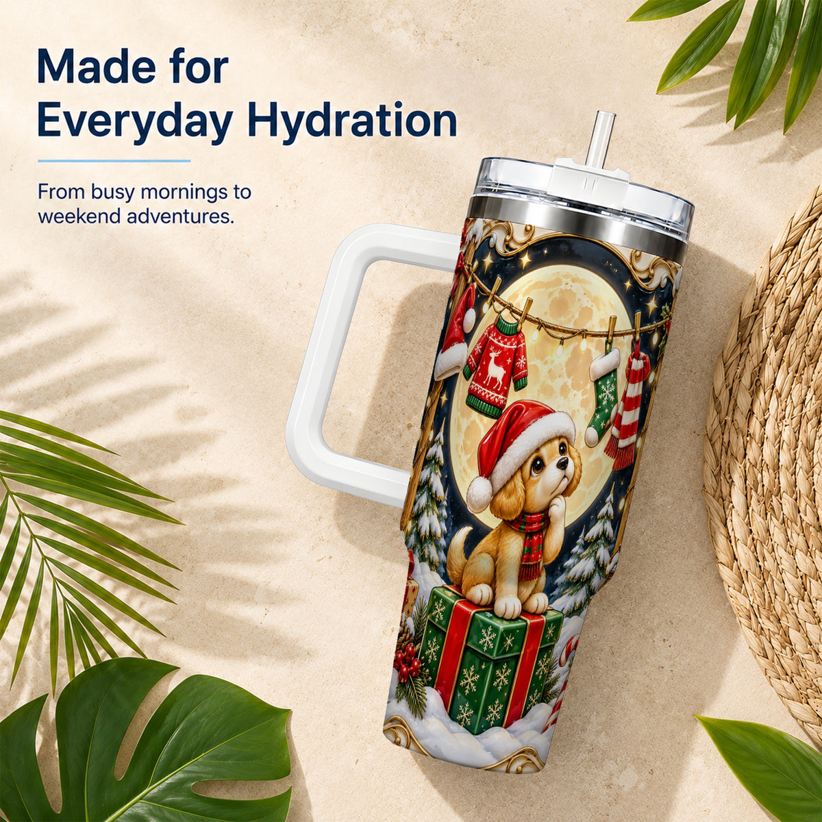 Christmas Puppy 40oz Tumbler with Handle, Santa Dog Travel Cup