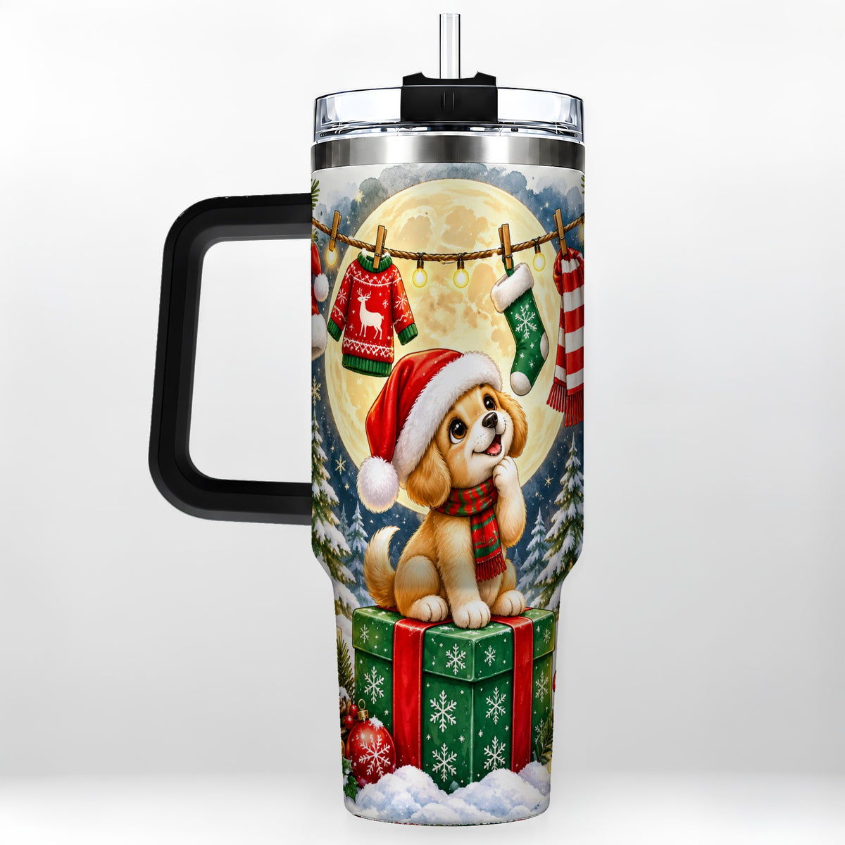 #pl[40oz|Black] Christmas Puppy 40oz Tumbler with Handle, Golden Santa Dog Travel Cup