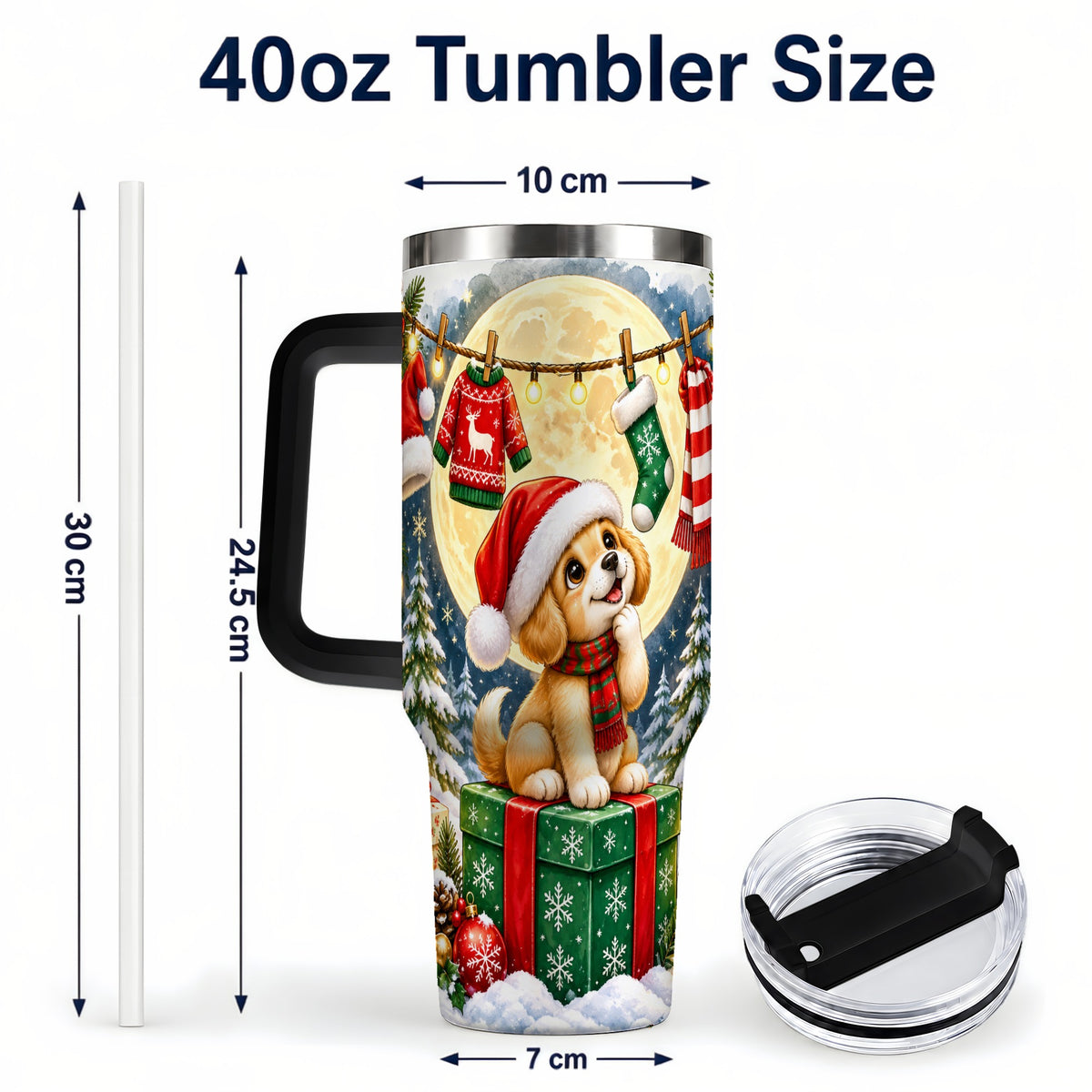 #pl[40oz|Black] Christmas Puppy 40oz Tumbler with Handle, Golden Santa Dog Travel Cup
