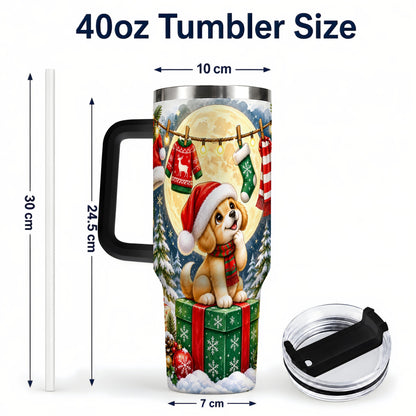 #pl[40oz|Black] Christmas Puppy 40oz Tumbler with Handle, Golden Santa Dog Travel Cup