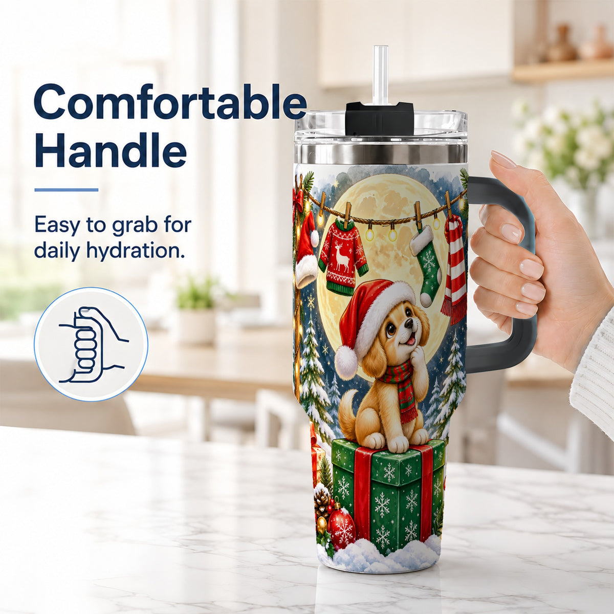 #pl[40oz|Black] Christmas Puppy 40oz Tumbler with Handle, Golden Santa Dog Travel Cup