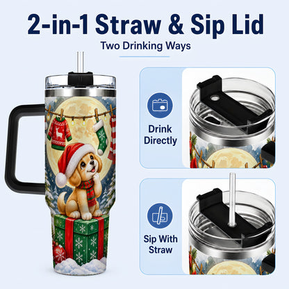 #pl[40oz|Black] Christmas Puppy 40oz Tumbler with Handle, Golden Santa Dog Travel Cup