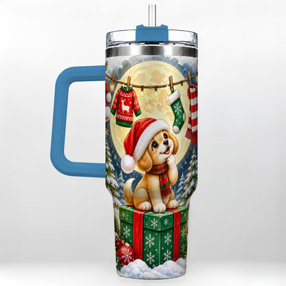 #pl[40oz|Blue] Christmas Puppy 40oz Tumbler with Handle, Golden Santa Dog Travel Cup