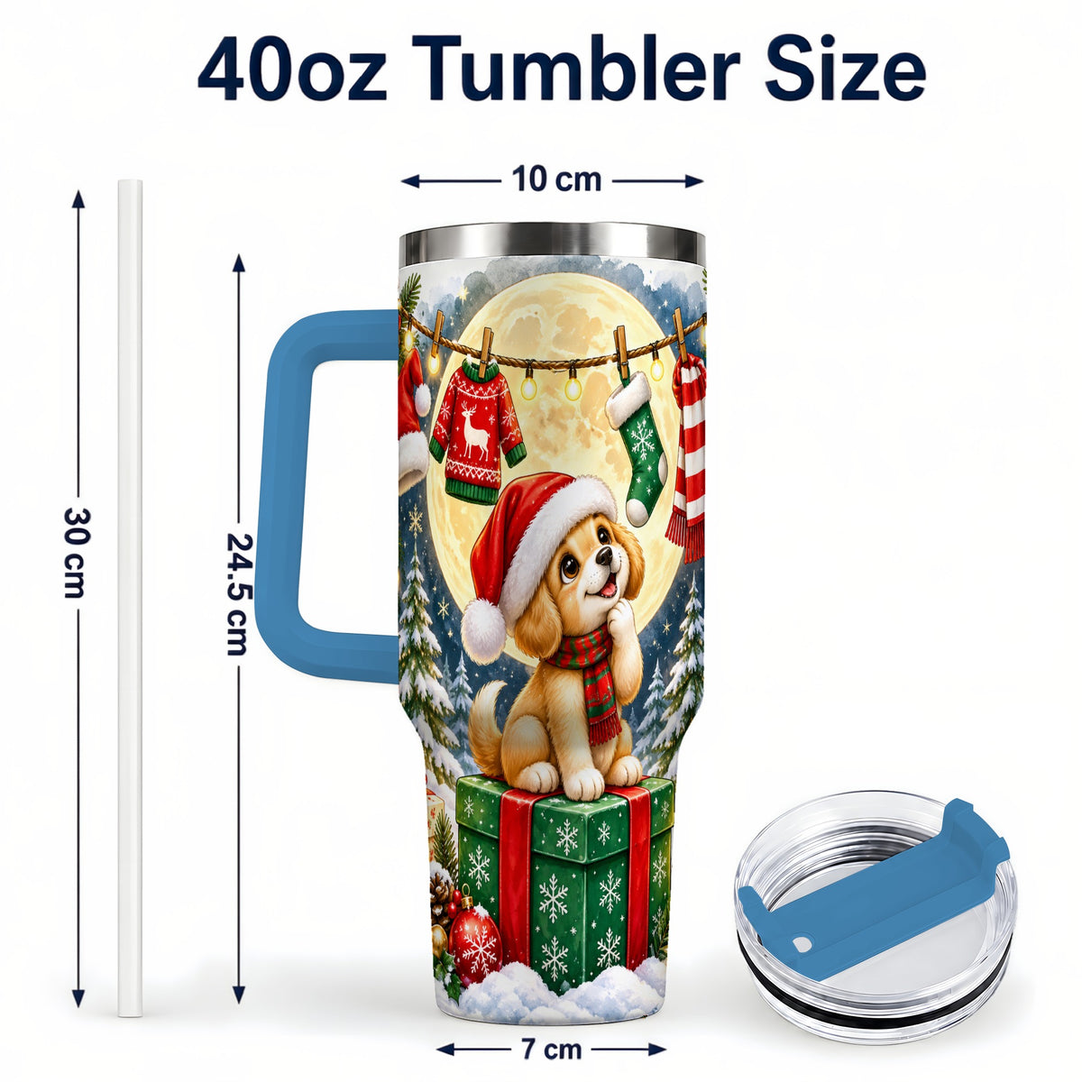#pl[40oz|Blue] Christmas Puppy 40oz Tumbler with Handle, Golden Santa Dog Travel Cup