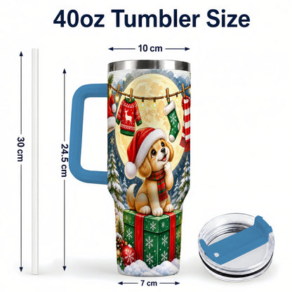 #pl[40oz|Blue] Christmas Puppy 40oz Tumbler with Handle, Golden Santa Dog Travel Cup