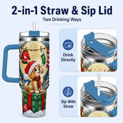 #pl[40oz|Blue] Christmas Puppy 40oz Tumbler with Handle, Golden Santa Dog Travel Cup