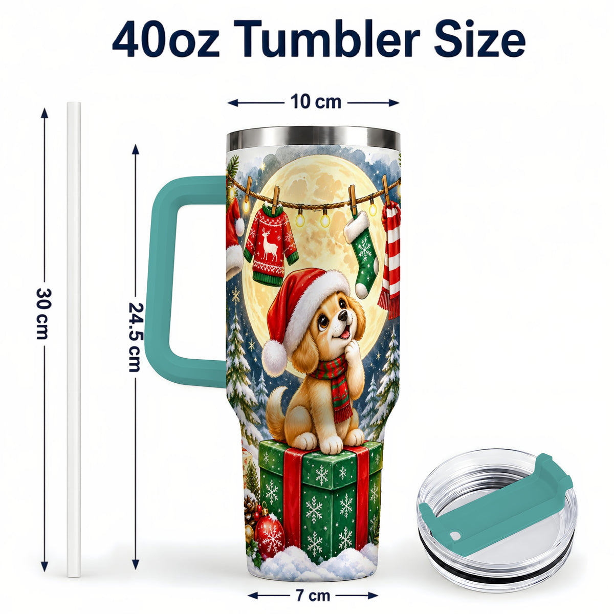 #pl[40oz|Green] Christmas Puppy 40oz Tumbler with Handle, Golden Santa Dog Travel Cup