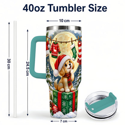 #pl[40oz|Green] Christmas Puppy 40oz Tumbler with Handle, Golden Santa Dog Travel Cup