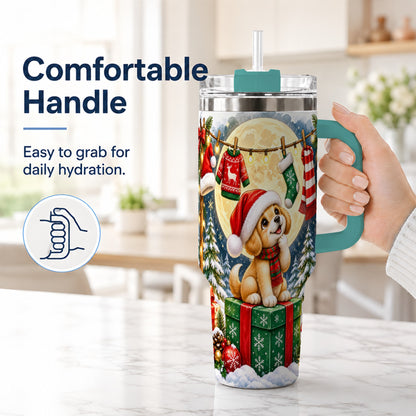 #pl[40oz|Green] Christmas Puppy 40oz Tumbler with Handle, Golden Santa Dog Travel Cup