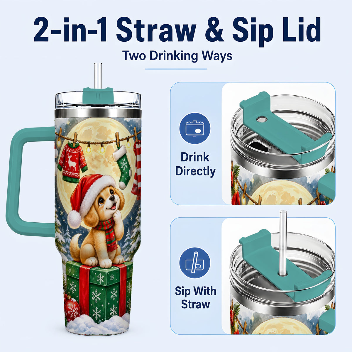 #pl[40oz|Green] Christmas Puppy 40oz Tumbler with Handle, Golden Santa Dog Travel Cup