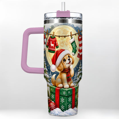 #pl[40oz|Pink] Christmas Puppy 40oz Tumbler with Handle, Golden Santa Dog Travel Cup