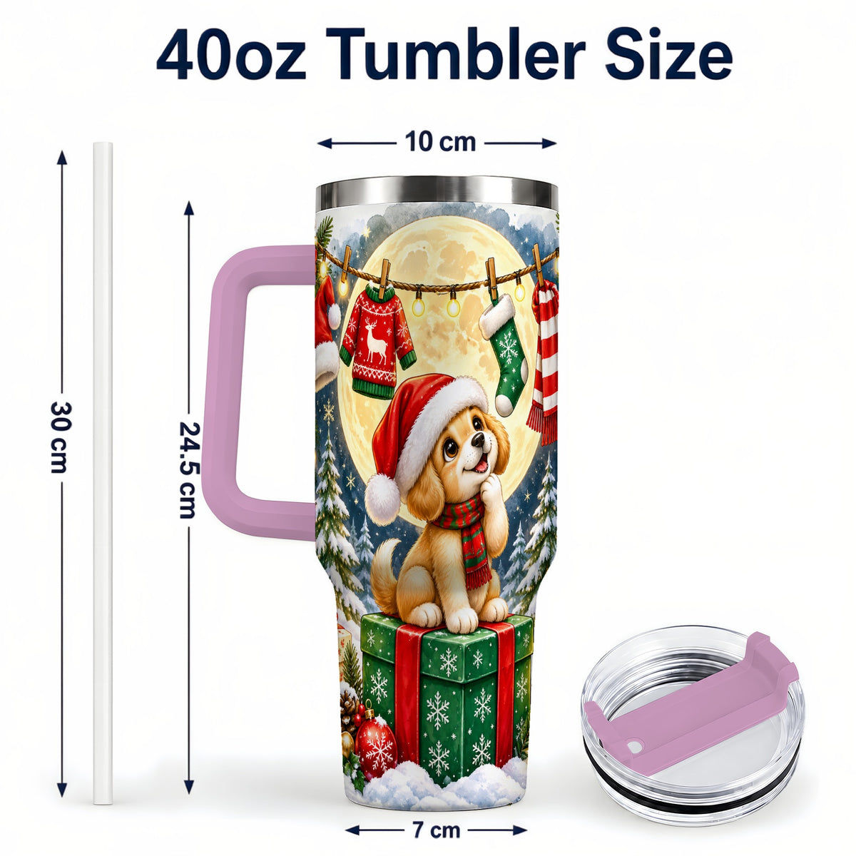 #pl[40oz|Pink] Christmas Puppy 40oz Tumbler with Handle, Golden Santa Dog Travel Cup