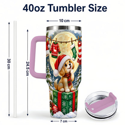 #pl[40oz|Pink] Christmas Puppy 40oz Tumbler with Handle, Golden Santa Dog Travel Cup