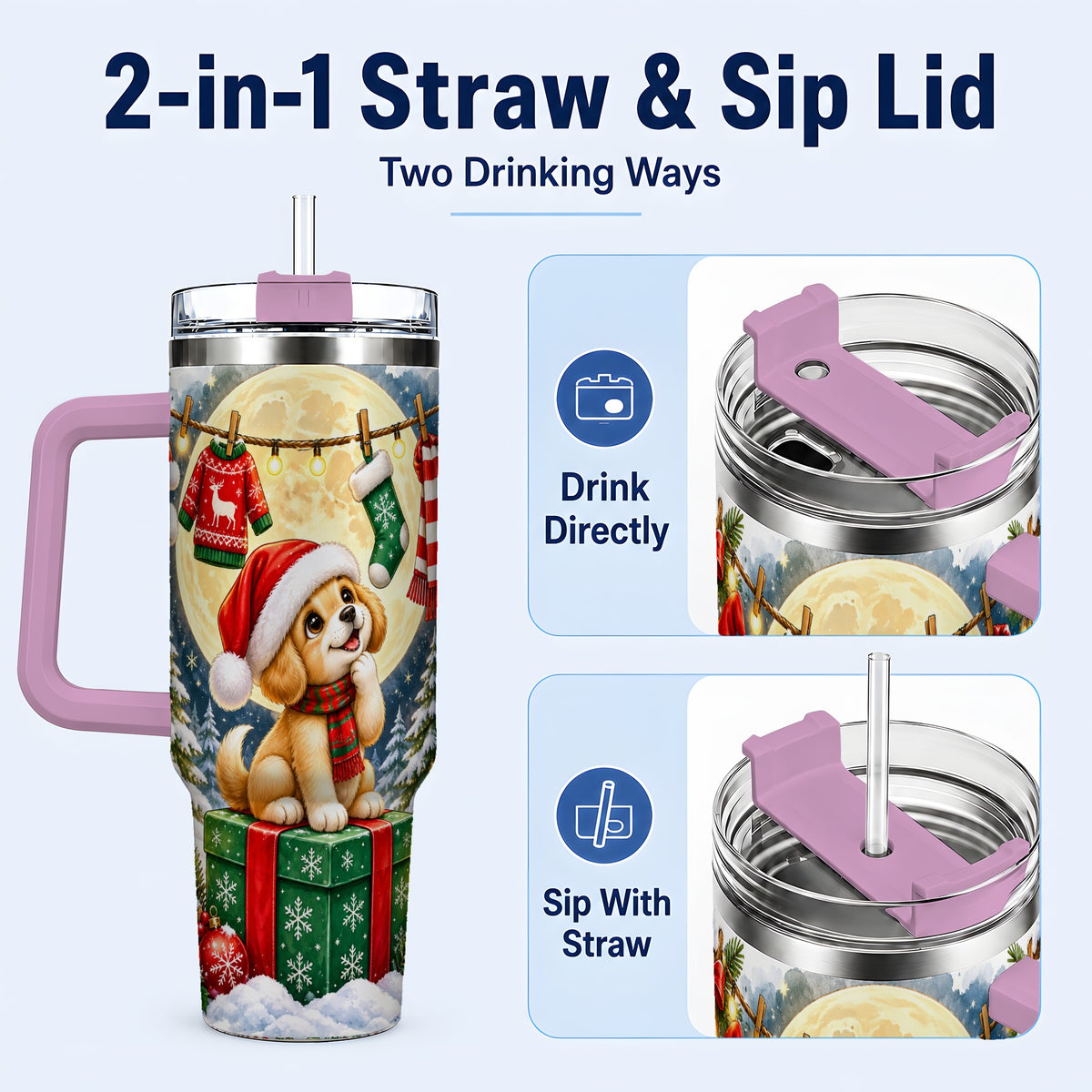 #pl[40oz|Pink] Christmas Puppy 40oz Tumbler with Handle, Golden Santa Dog Travel Cup
