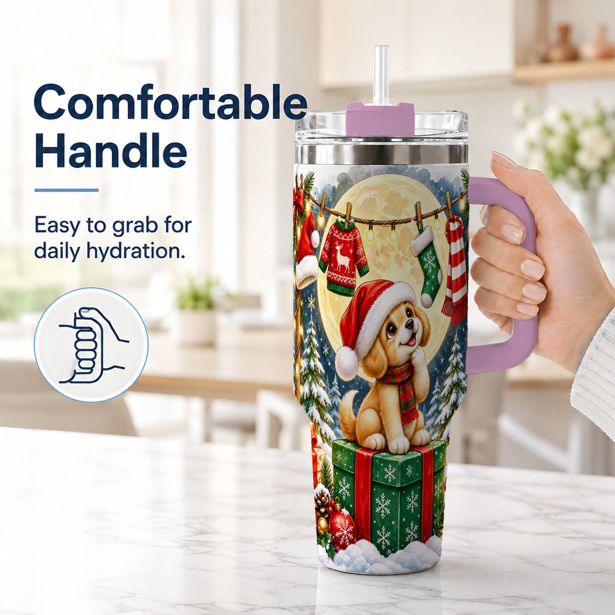 #pl[40oz|Pink] Christmas Puppy 40oz Tumbler with Handle, Golden Santa Dog Travel Cup