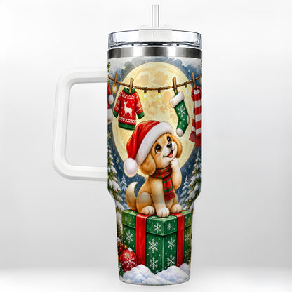 Christmas Puppy 40oz Tumbler with Handle, Golden Santa Dog Travel Cup