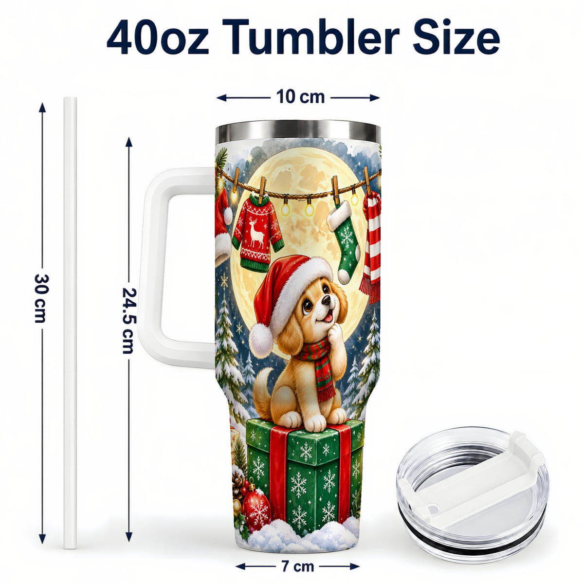 #pl[40oz|White] Christmas Puppy 40oz Tumbler with Handle, Golden Santa Dog Travel Cup