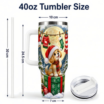 #pl[40oz|White] Christmas Puppy 40oz Tumbler with Handle, Golden Santa Dog Travel Cup
