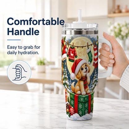 #pl[40oz|White] Christmas Puppy 40oz Tumbler with Handle, Golden Santa Dog Travel Cup