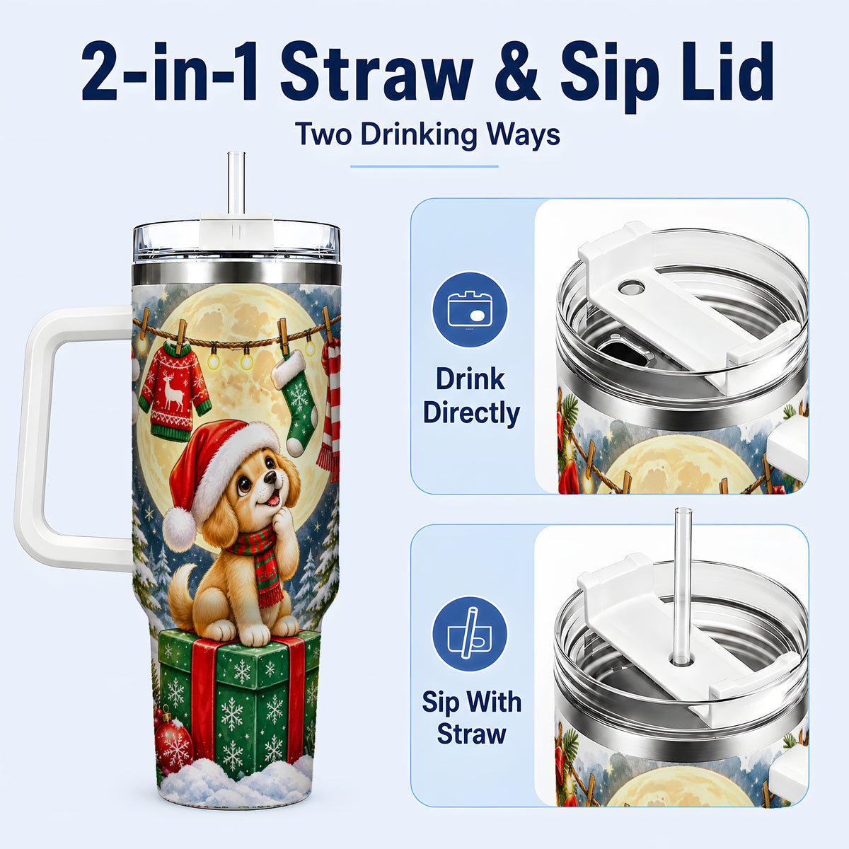 #pl[40oz|White] Christmas Puppy 40oz Tumbler with Handle, Golden Santa Dog Travel Cup