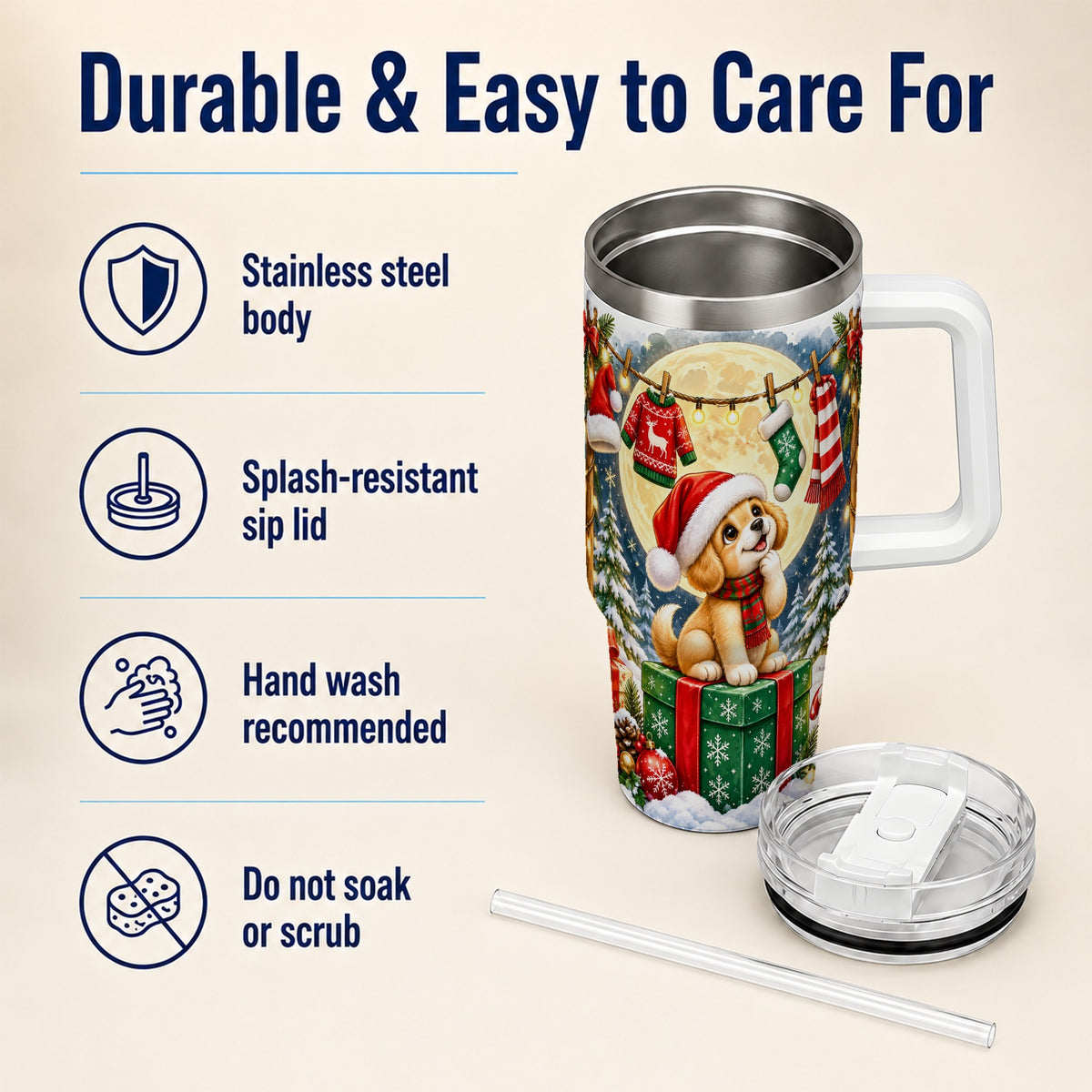 Christmas Puppy 40oz Tumbler with Handle, Golden Santa Dog Travel Cup
