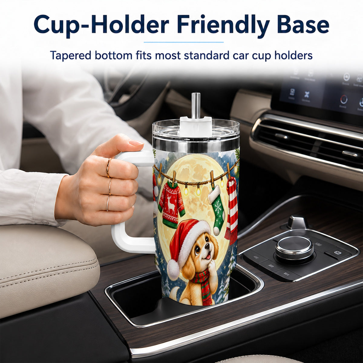 Christmas Puppy 40oz Tumbler with Handle, Golden Santa Dog Travel Cup