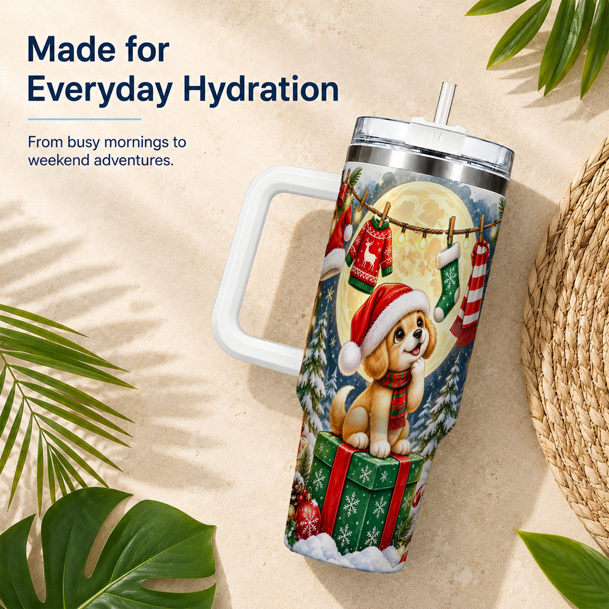 Christmas Puppy 40oz Tumbler with Handle, Golden Santa Dog Travel Cup