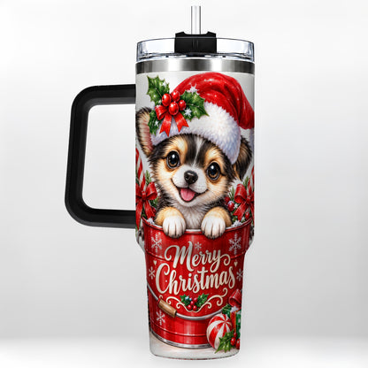 #pl[40oz|Black] Christmas Chihuahua 40oz Tumbler with Handle, Festive Puppy Design