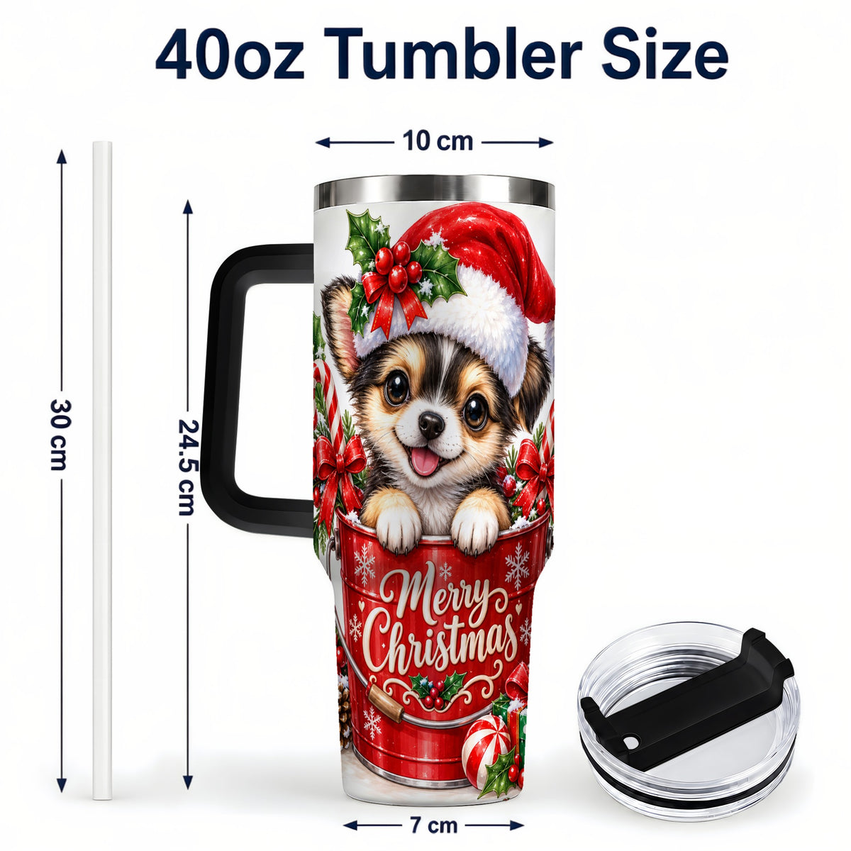 #pl[40oz|Black] Christmas Chihuahua 40oz Tumbler with Handle, Festive Puppy Design