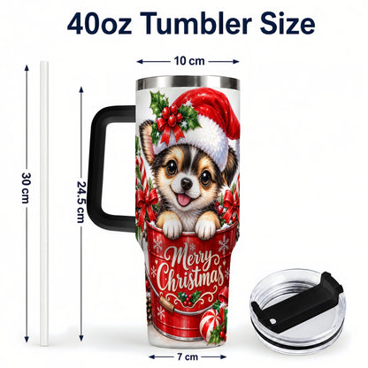 #pl[40oz|Black] Christmas Chihuahua 40oz Tumbler with Handle, Festive Puppy Design