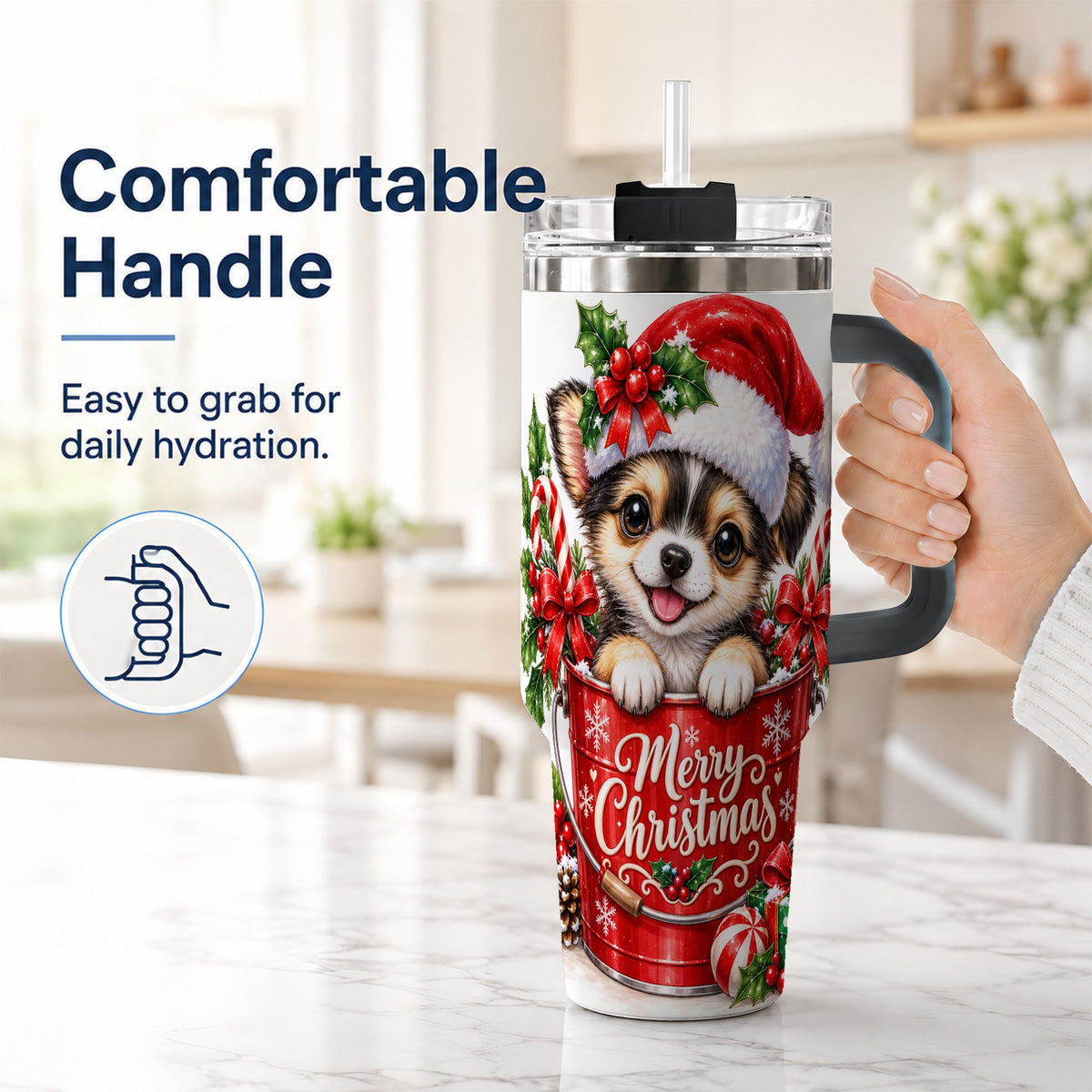 #pl[40oz|Black] Christmas Chihuahua 40oz Tumbler with Handle, Festive Puppy Design