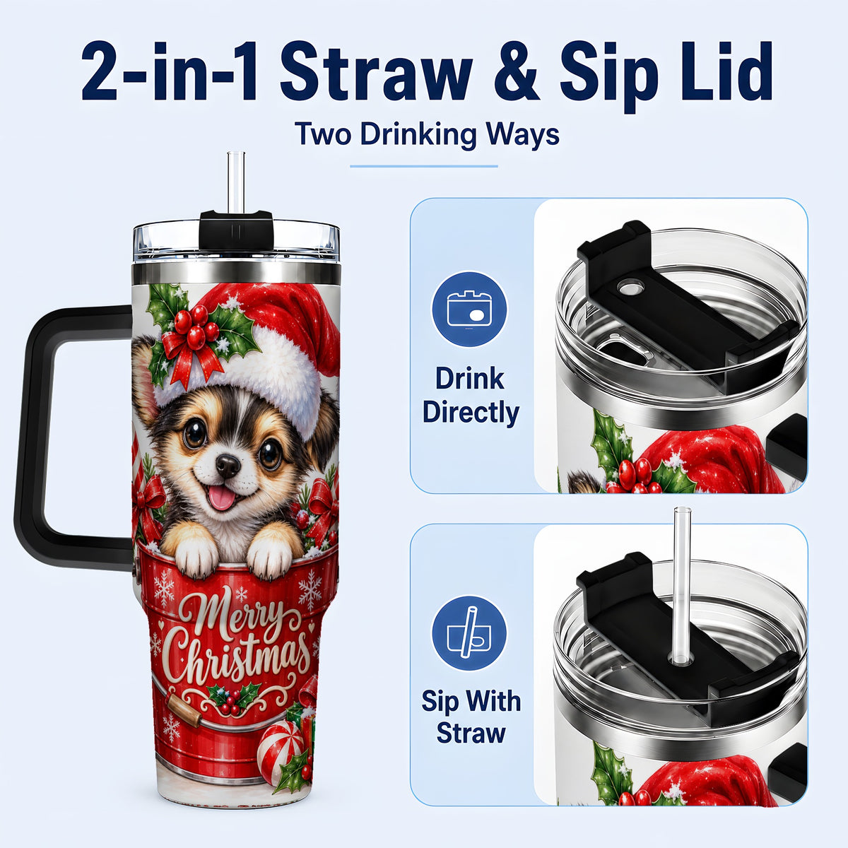 #pl[40oz|Black] Christmas Chihuahua 40oz Tumbler with Handle, Festive Puppy Design